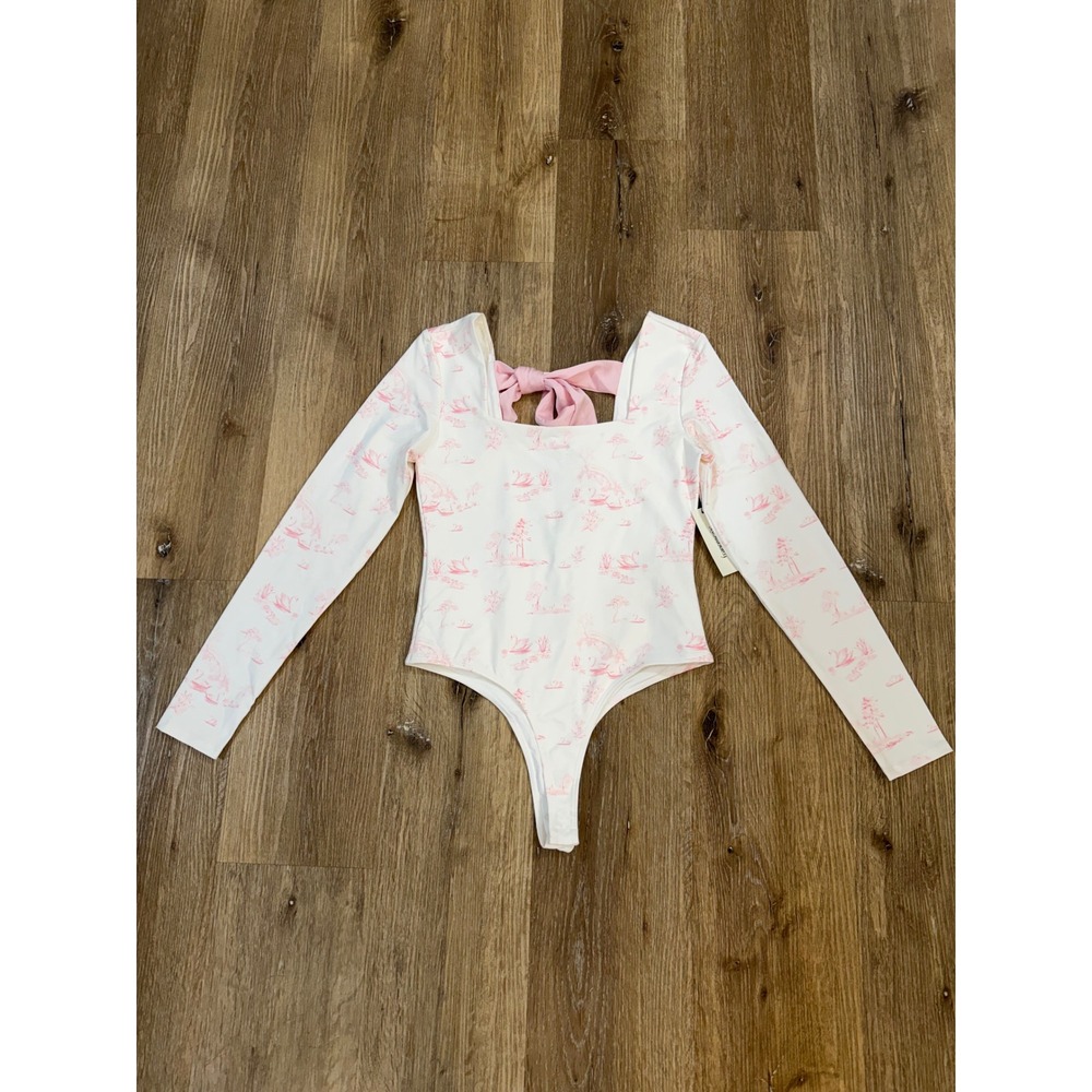Francesca's Yummi Toile Swan Bodysuit Women S White Pink Bow Back Long Sleeve